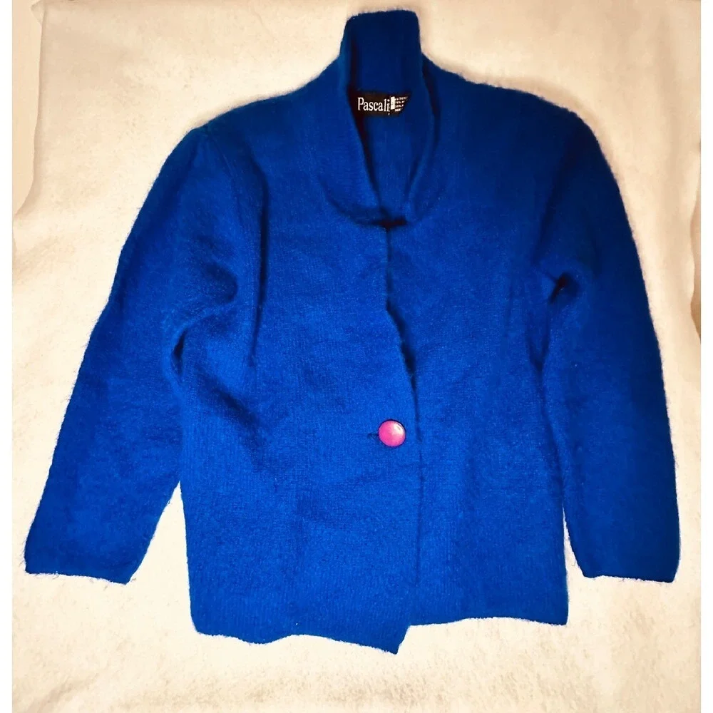 Pascali Mohair Blend Cardigan Electric Blue‎ Single Button Vintage Sweater Large - Picture 3 of 10
